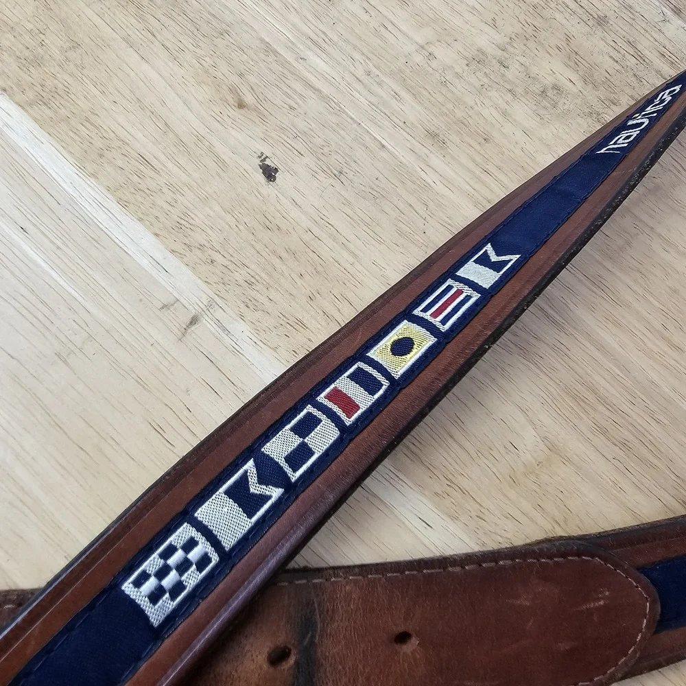 Nautica Belt Mens 40 Nautical Code Flags Embroidered Navy‎ Blue Brown Leather